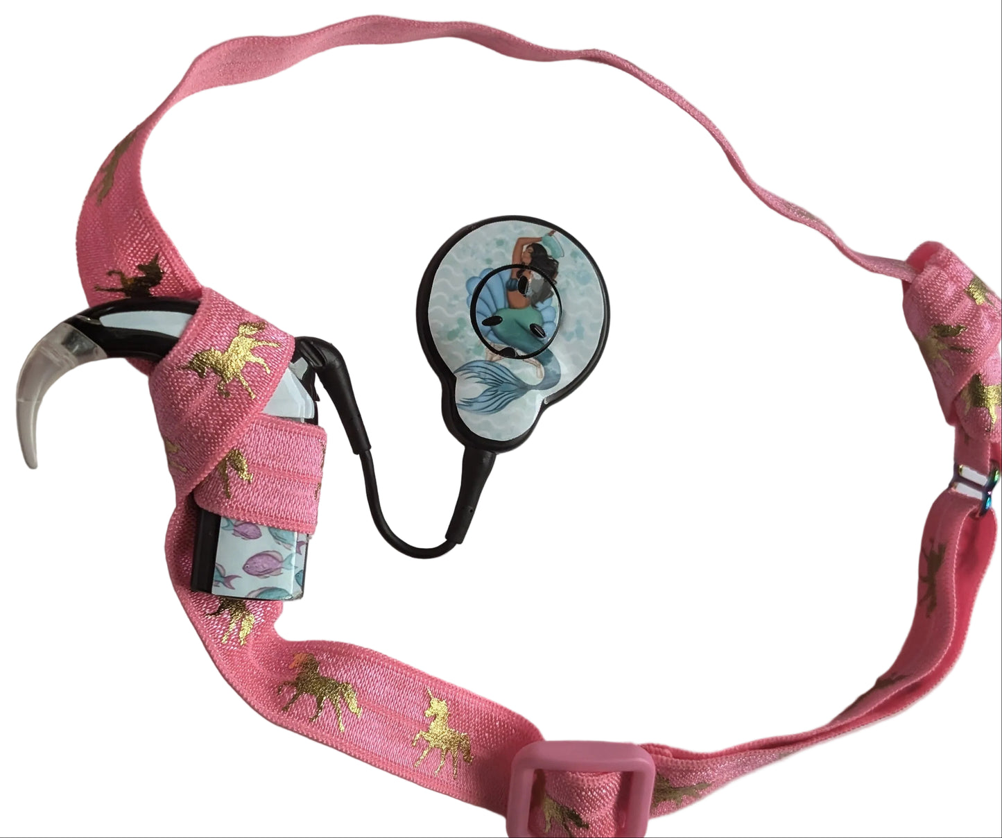 Bandeau réglable pour le maintien des implants cochléaire et prothèses auditives motif licorne