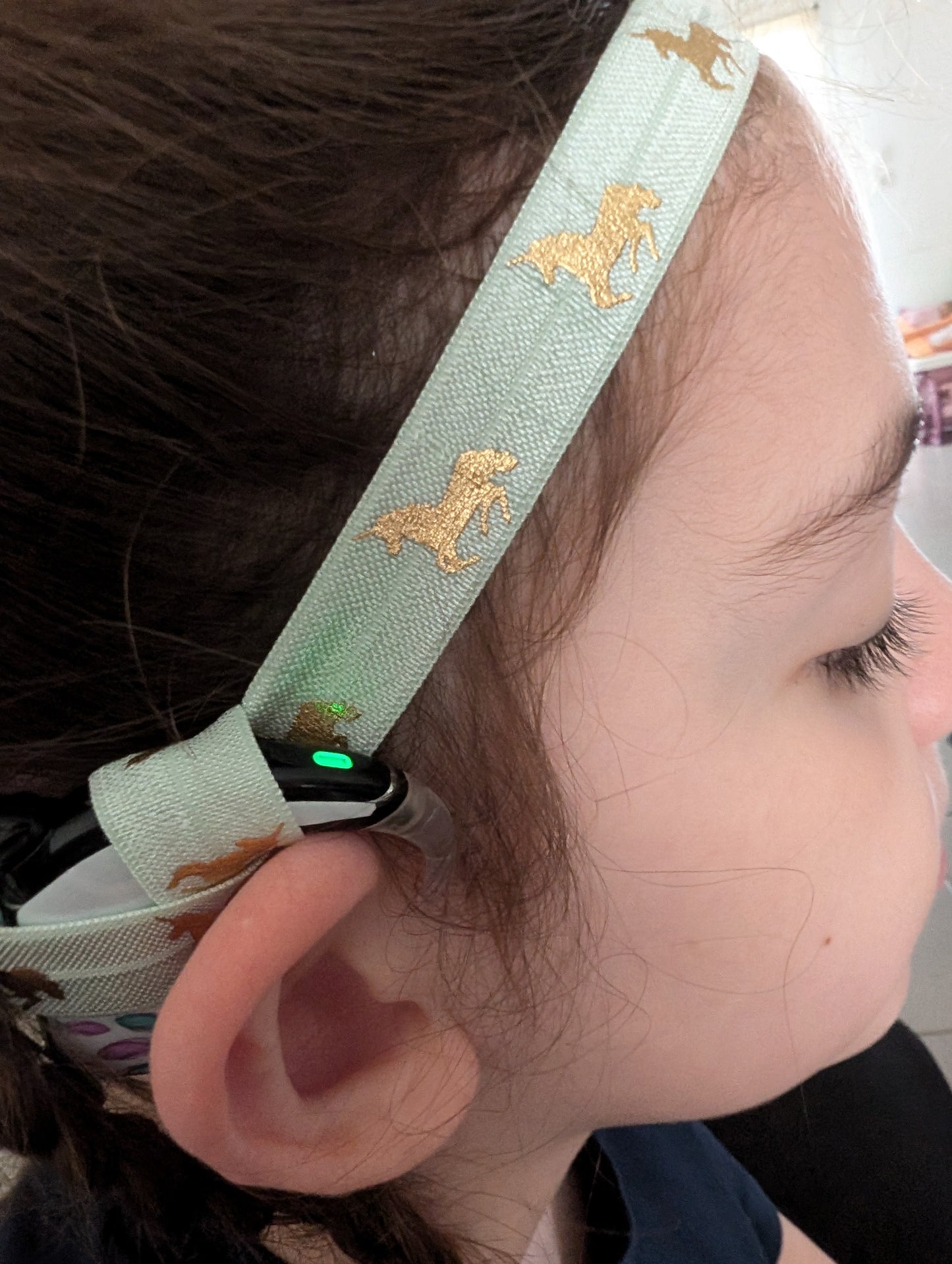 Bandeau pour implant cochléaire et prothèse auditive imprimé licorne serre tête anti perte taille ajustable