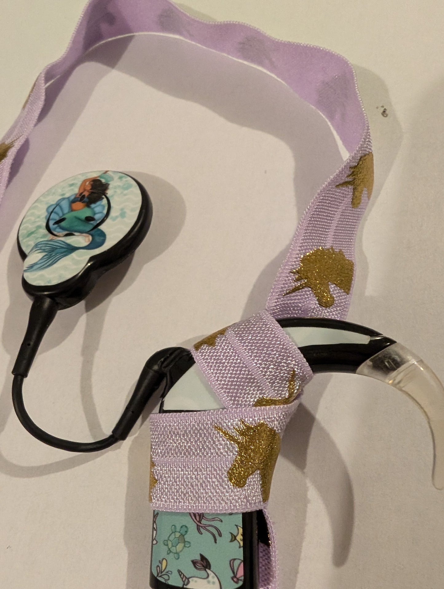 Bandeau pour implant cochléaire et prothèse auditive imprimé licorne serre tête anti perte taille ajustable