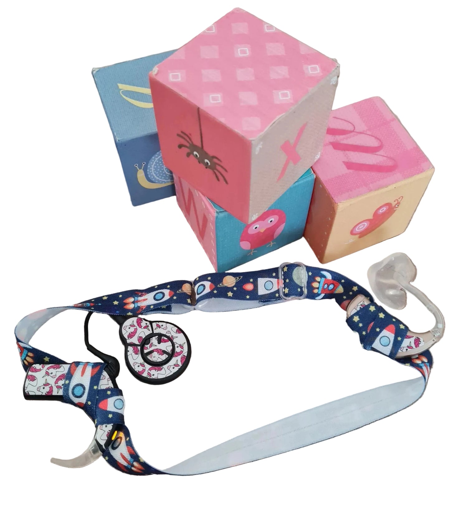 Bandeau réglable pour implant cochléaire et prothèses motif fusée pour enfant