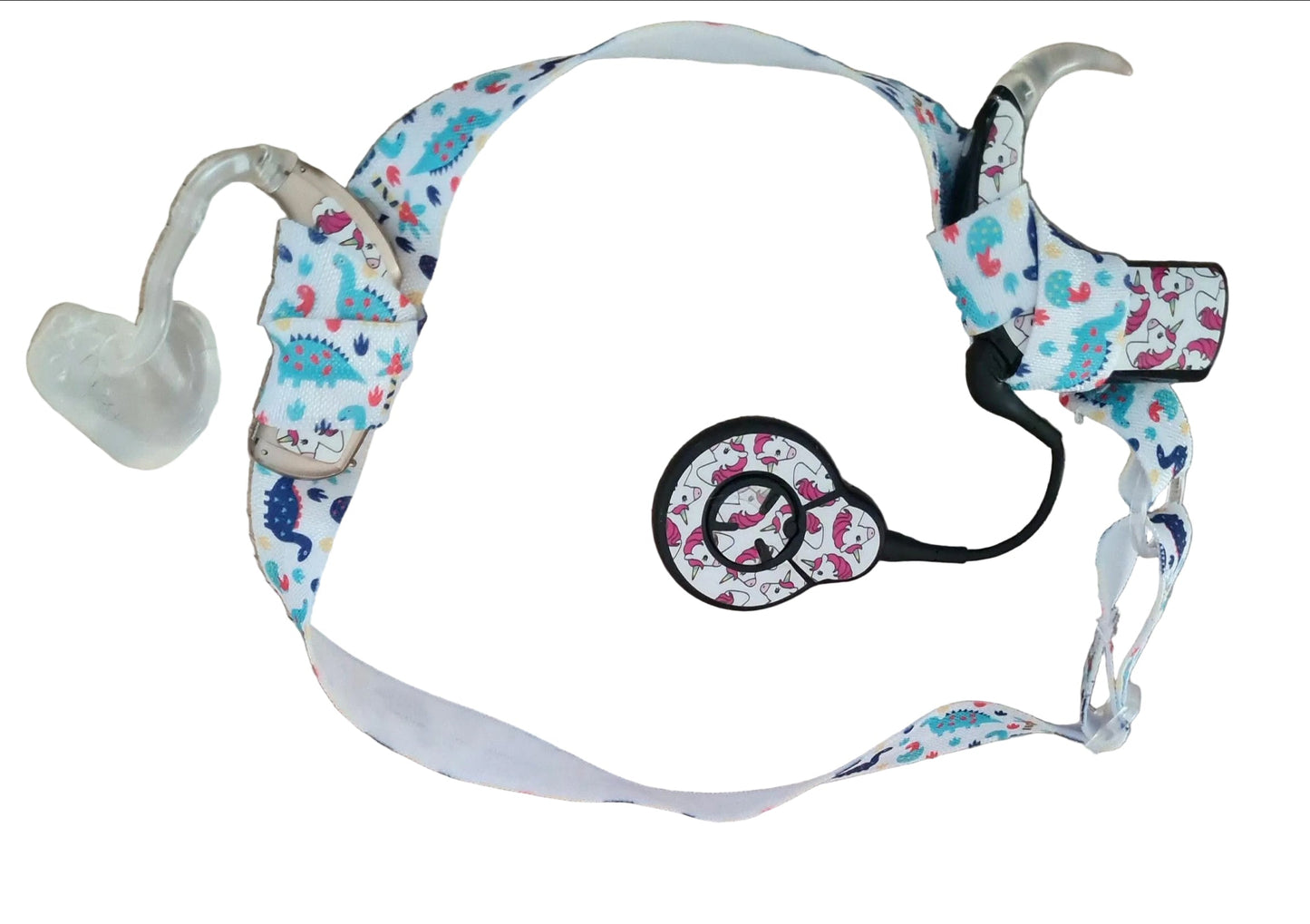 Bandeau ajustable  pour implant cochléaire et prothèses pour enfants et bébés motif Dino