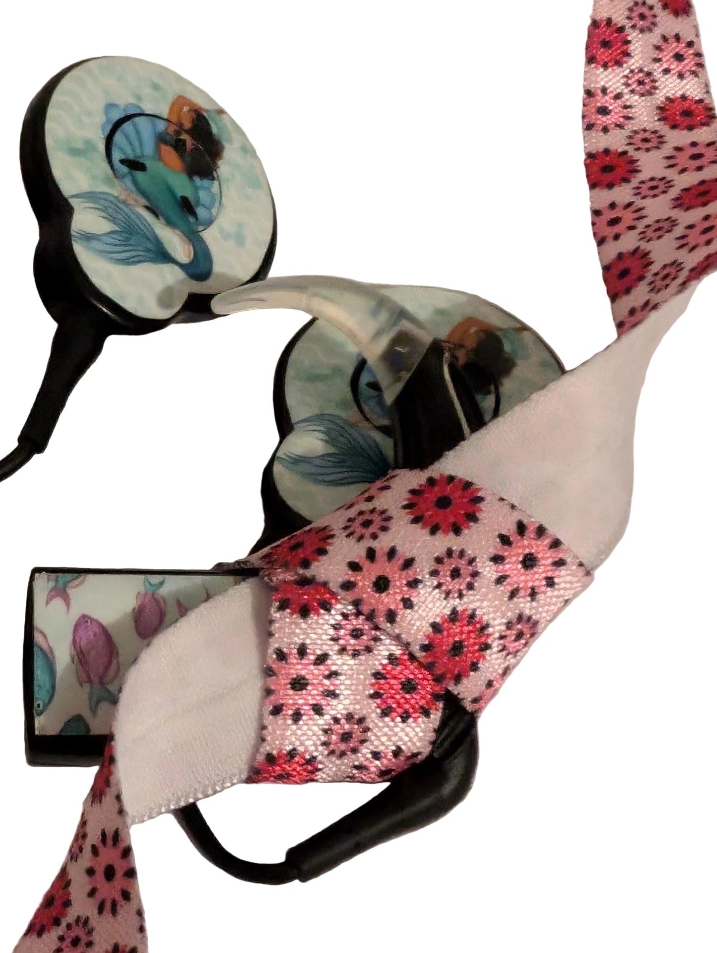 Bandeau pour implant cochleaire et prothese auditive taille reglable fleur rose