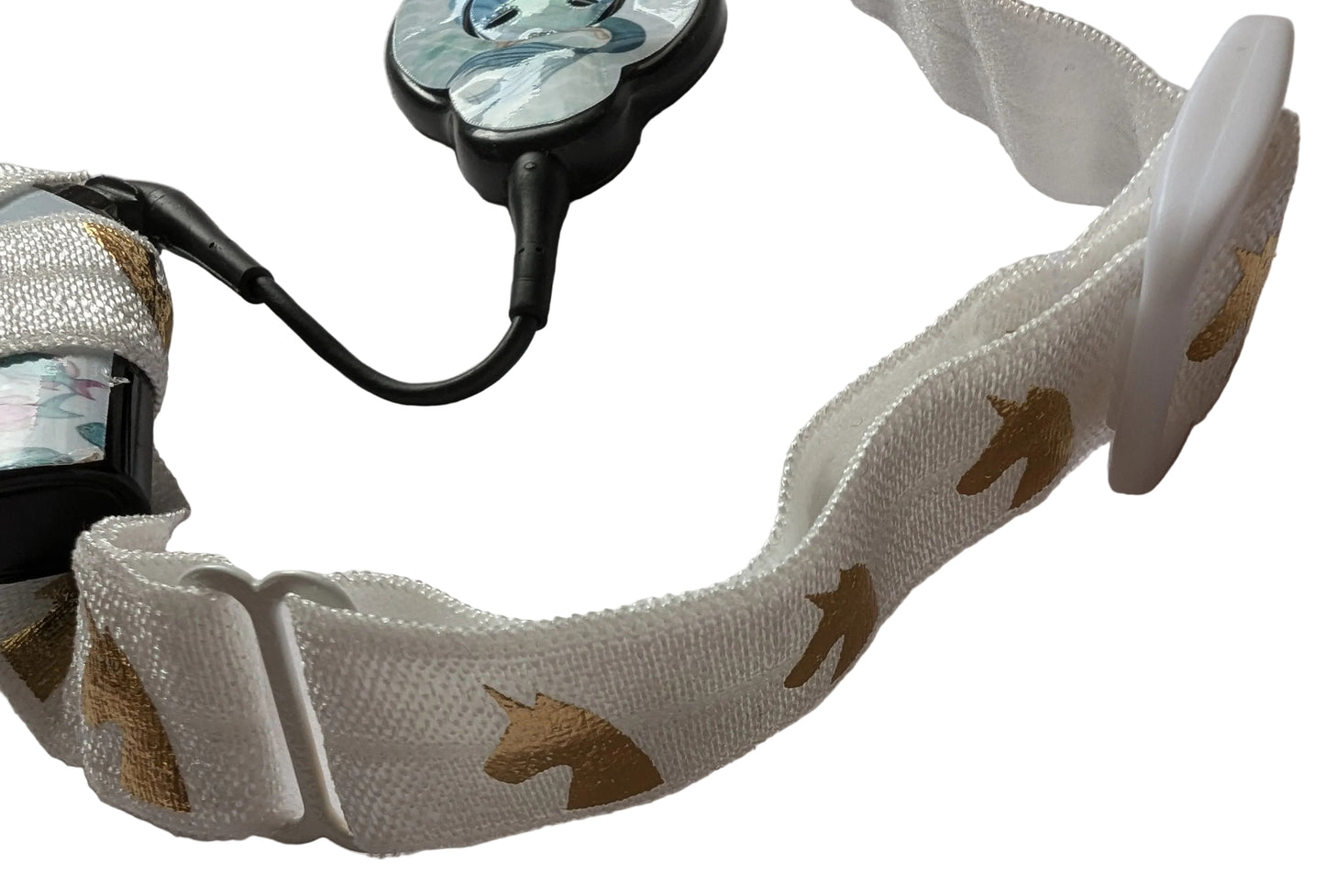 Bandeau réglable  pour le maintien des implants cochléaire et prothèses auditives motif licorne