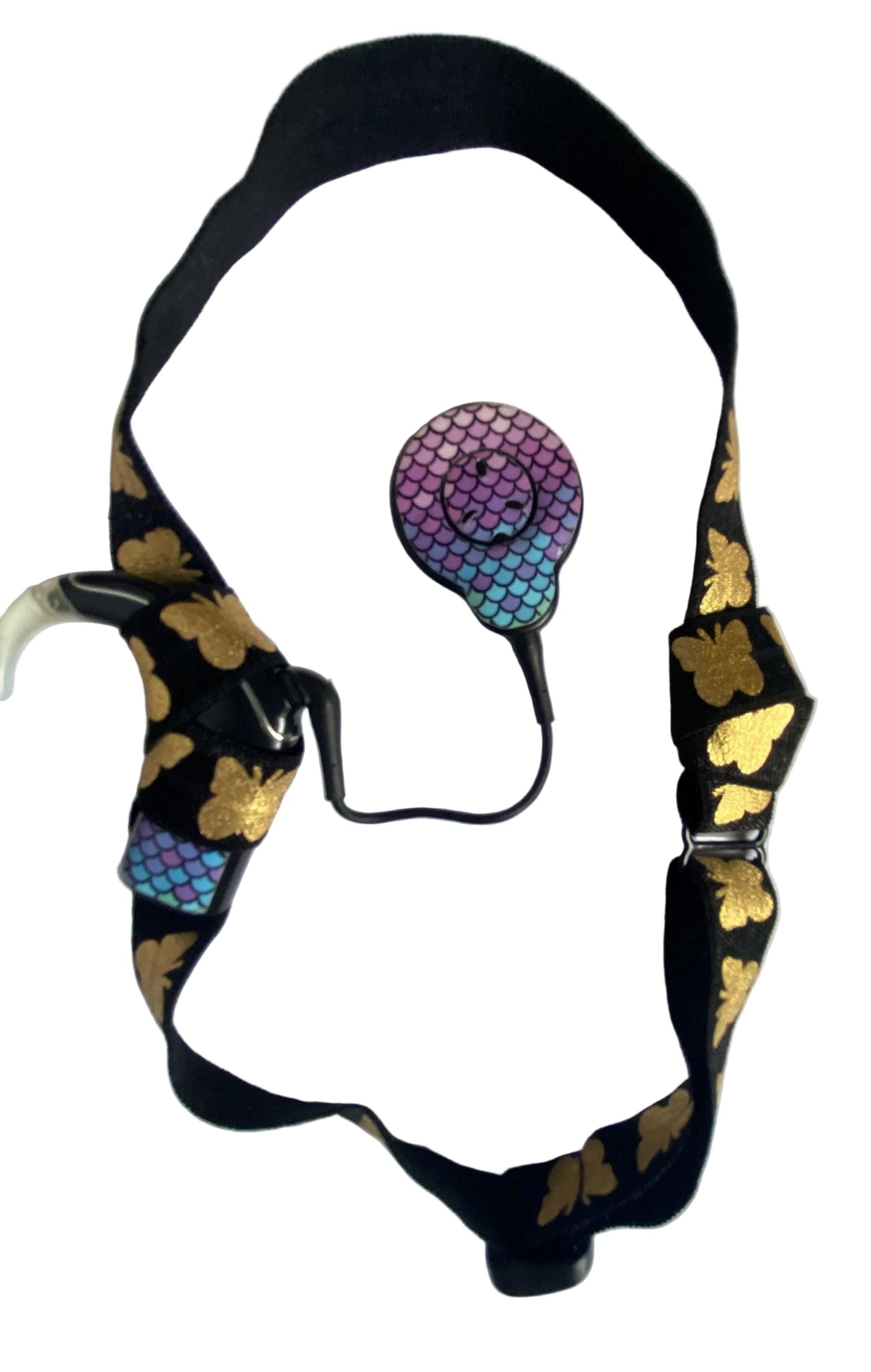 bandeau ajustable pour implant cochleaire et aide auditive motif papillon dore