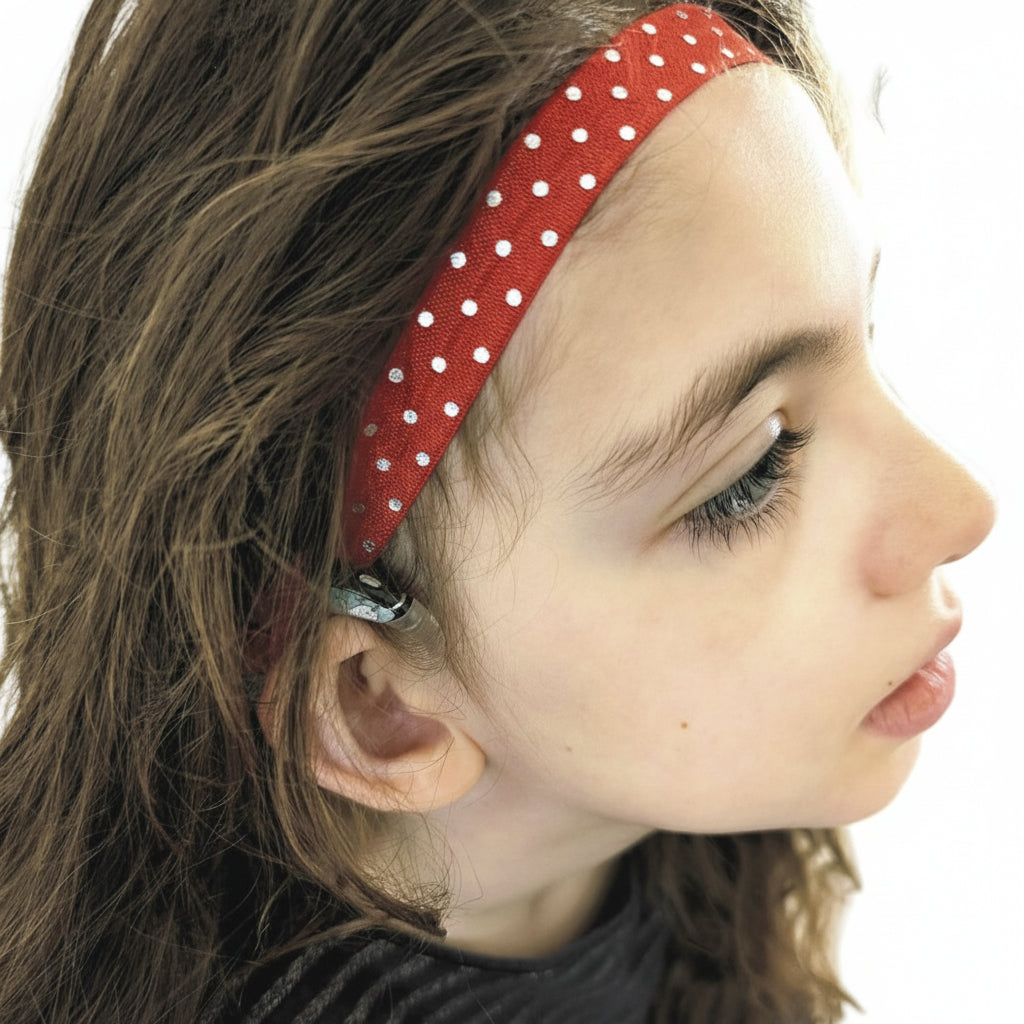 bandeau réglable  pour implant cochléaire et prothèses motifs pois