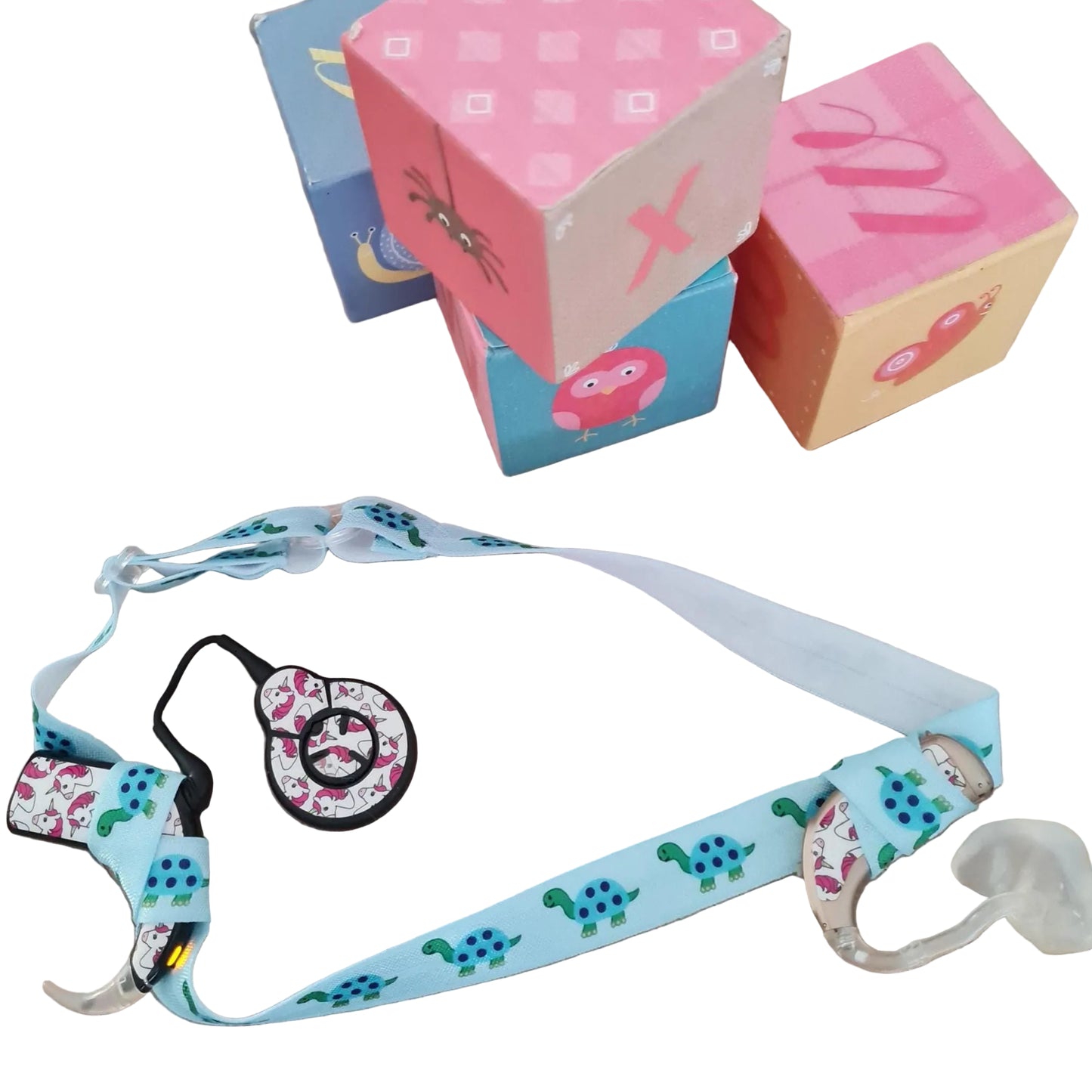 Bandeau de maintien pour implants cochleaires et aides auditives pour enfants motif tortues