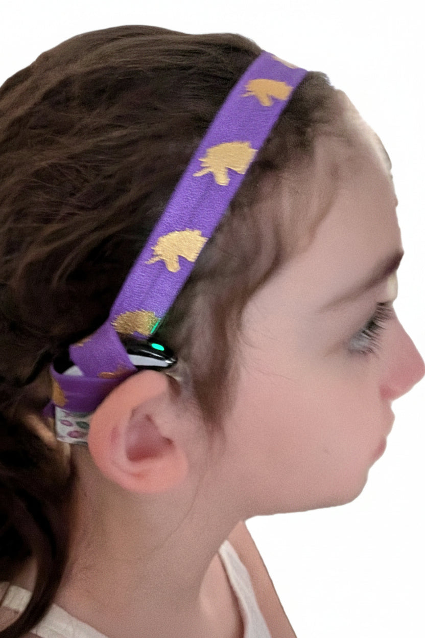 Bandeau réglable  pour le maintien des implants cochléaire et prothèses auditives motif licorne