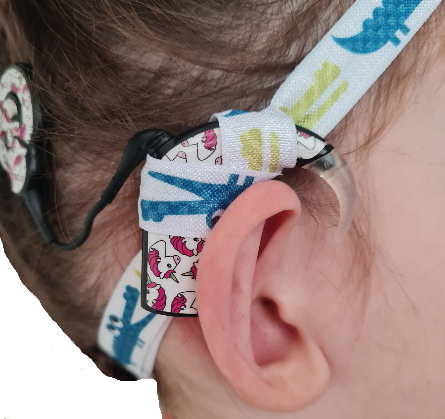 Bandeau réglable pour implant cochléaire et prothèses motif crocos pour enfant