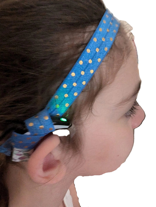 bandeau réglable  pour implant cochléaire et prothèses motifs pois