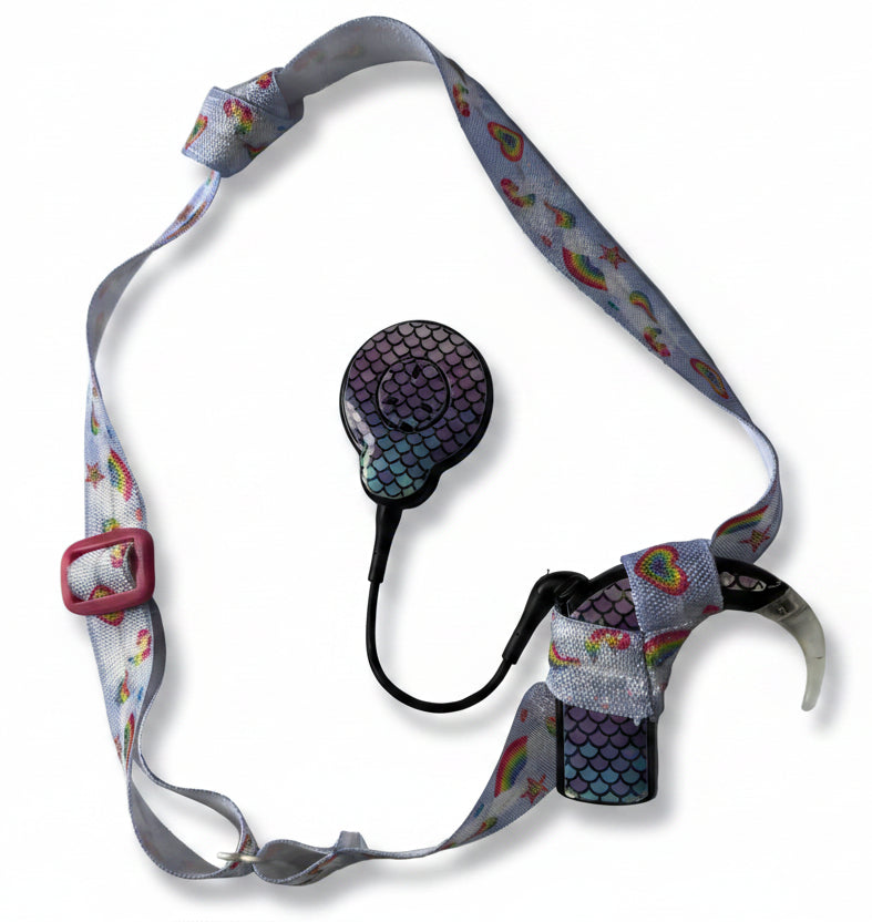 bandeau ajustable pour implant cochleaire et aide auditive motif licorne