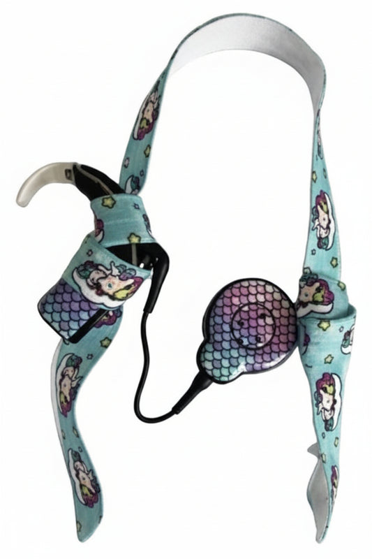 bandeau ajustable pour implant cochleaire et protheses auditives motif licorne sur nuage
