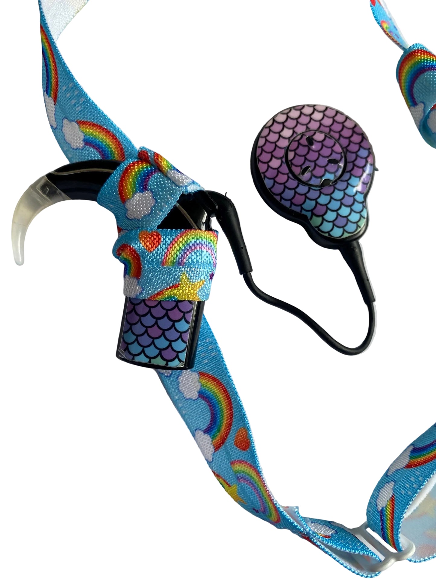 Bandeau ajustable pour implant cochleaire et aide auditive arc en ciel