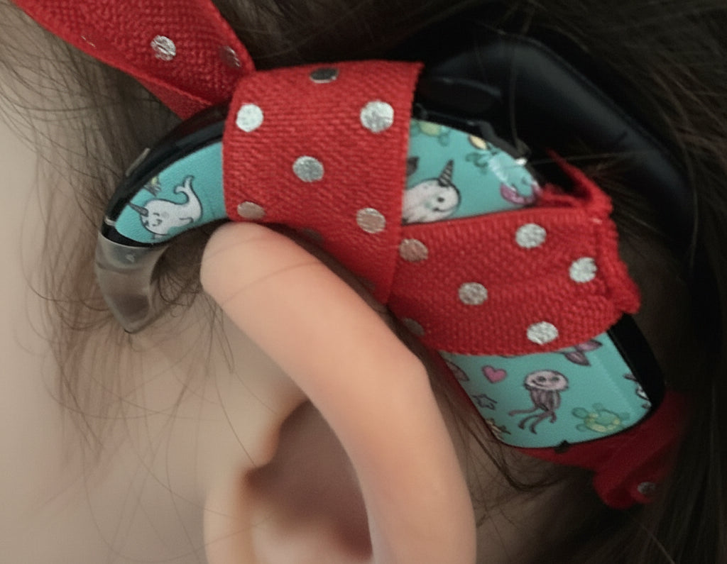bandeau réglable  pour implant cochléaire et prothèses motifs pois