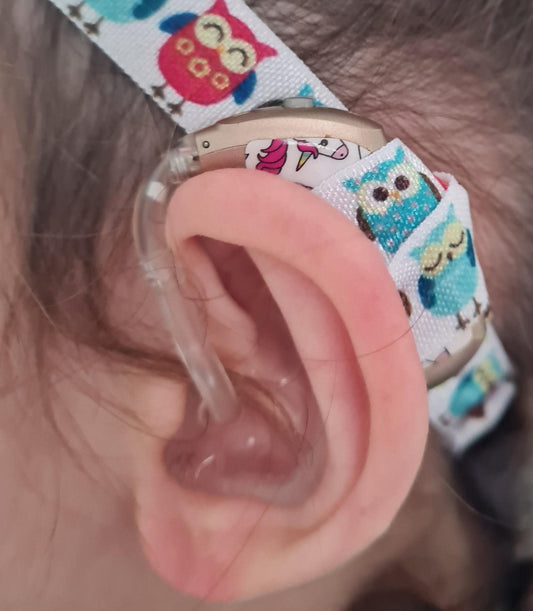 Bandeaux de maintien pour implants cochleaires et protheses auditives motif chouette