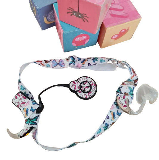 Bandeau ajustable pour implant cochleaire et aide auditive motif papillon